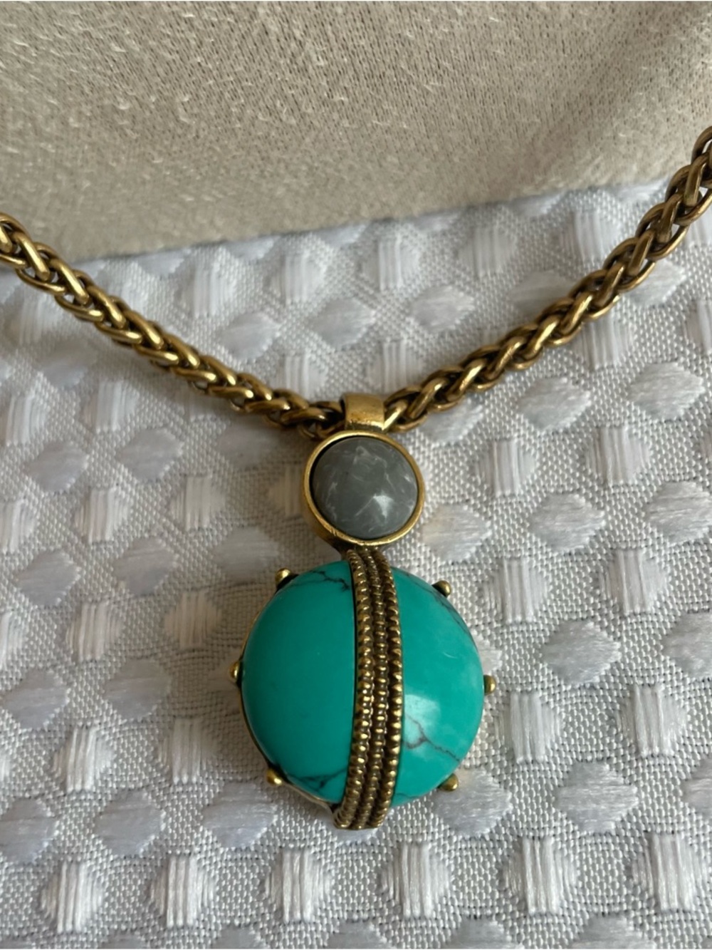 Brass Tone Wheat Chain Necklace with Turquoise and Grey Color Stone Pendant #645